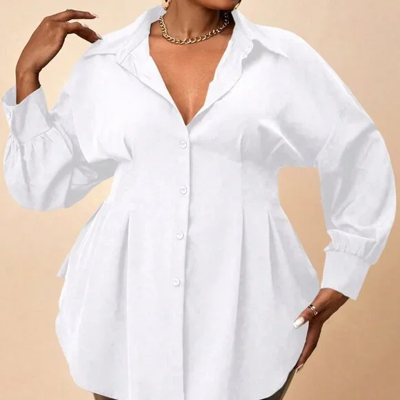 White Casual Women's Plus Size Long Sleeve Blouse Shirt - Picture 3 of 5